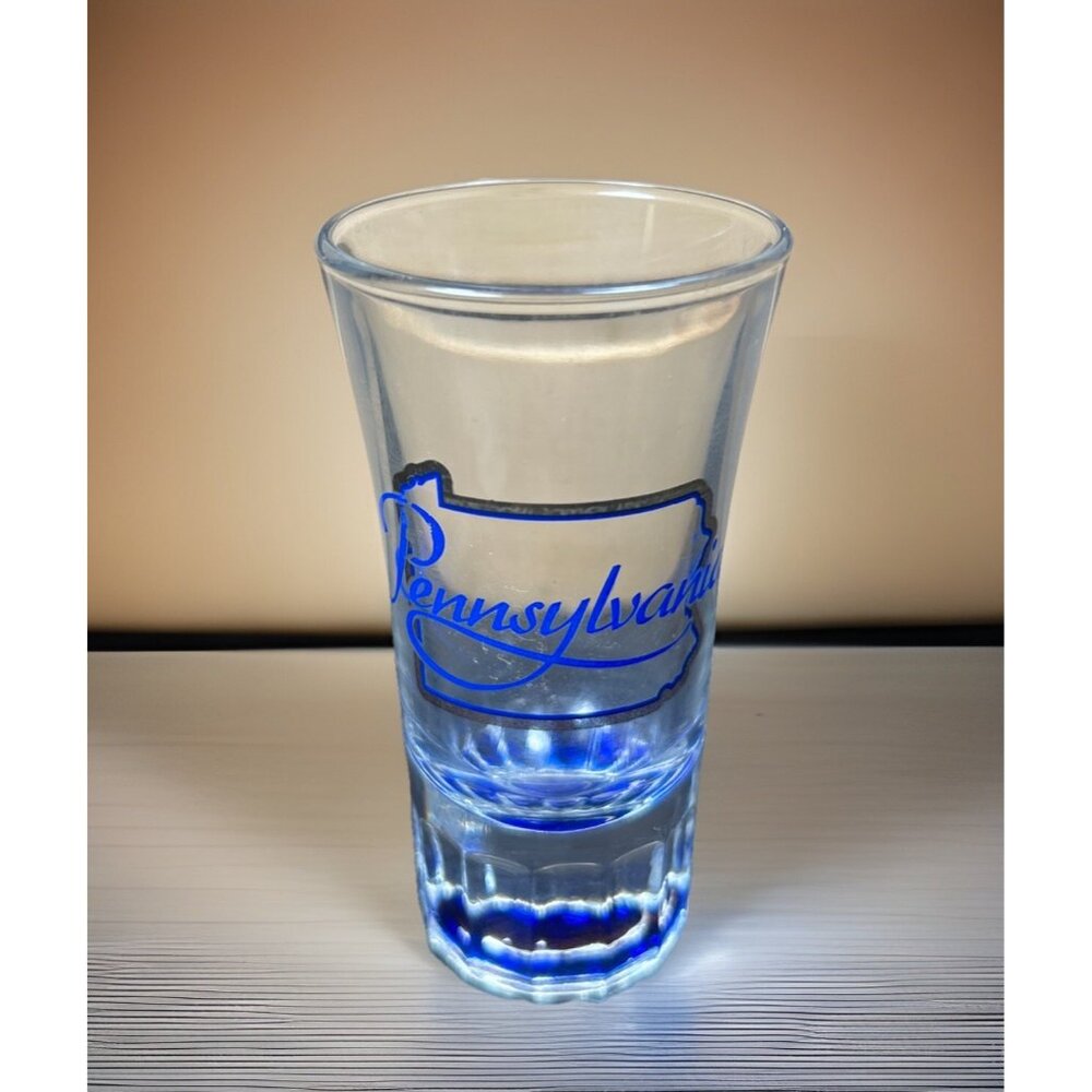 Vintage Pennsylvania State Souvenir Shot Glass Double Wall Bottom Blue 3.5”